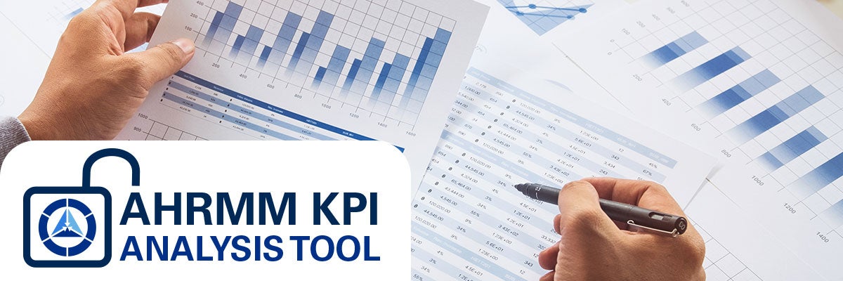 AHRMM KPI Analysis Tool Logo and stock image of person's hands reviewing graphs and charts