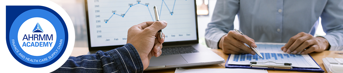 AHRMM Academy badge and two people sitting at table pointing at charts on paper and laptop