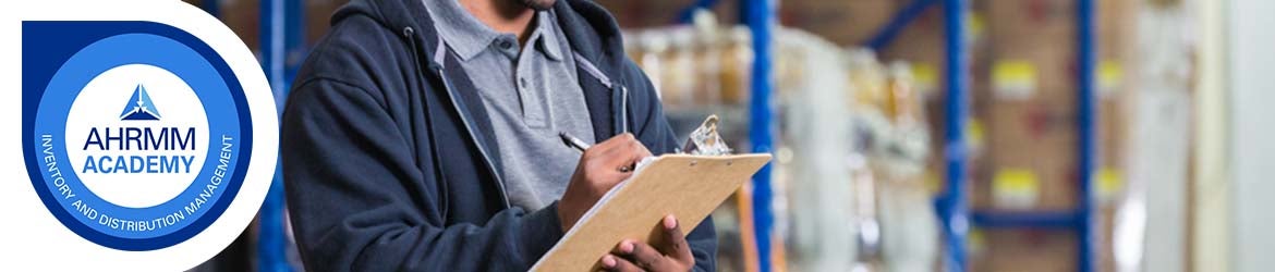 AHRMM Academy badge and image of person on iPad in supply chain distribution warehouse