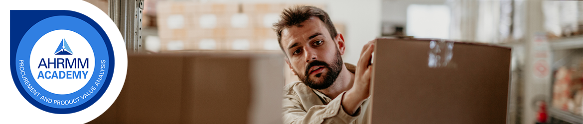 AHRMM Academy badge and image of supply chain professional stocking warehouse shelf