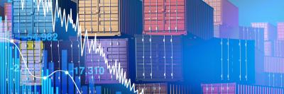 shipping containers with data charts overlaying them.